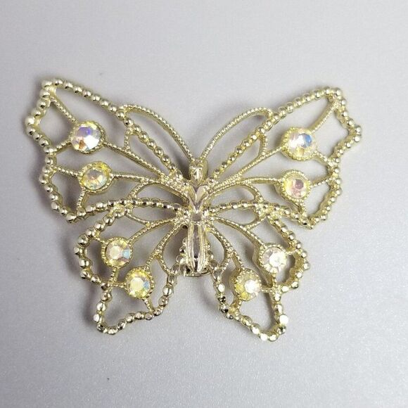Vintage AB Rhinestone Butterfly Brooch, Pale Gold Tone, Cut Out Wings, Estate - Picture 5 of 6